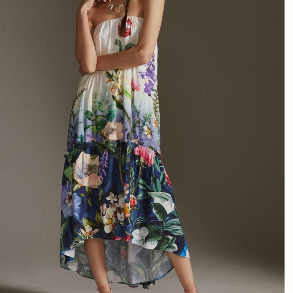 Floral Strapless High-Low Maxi Dress in White and Blue